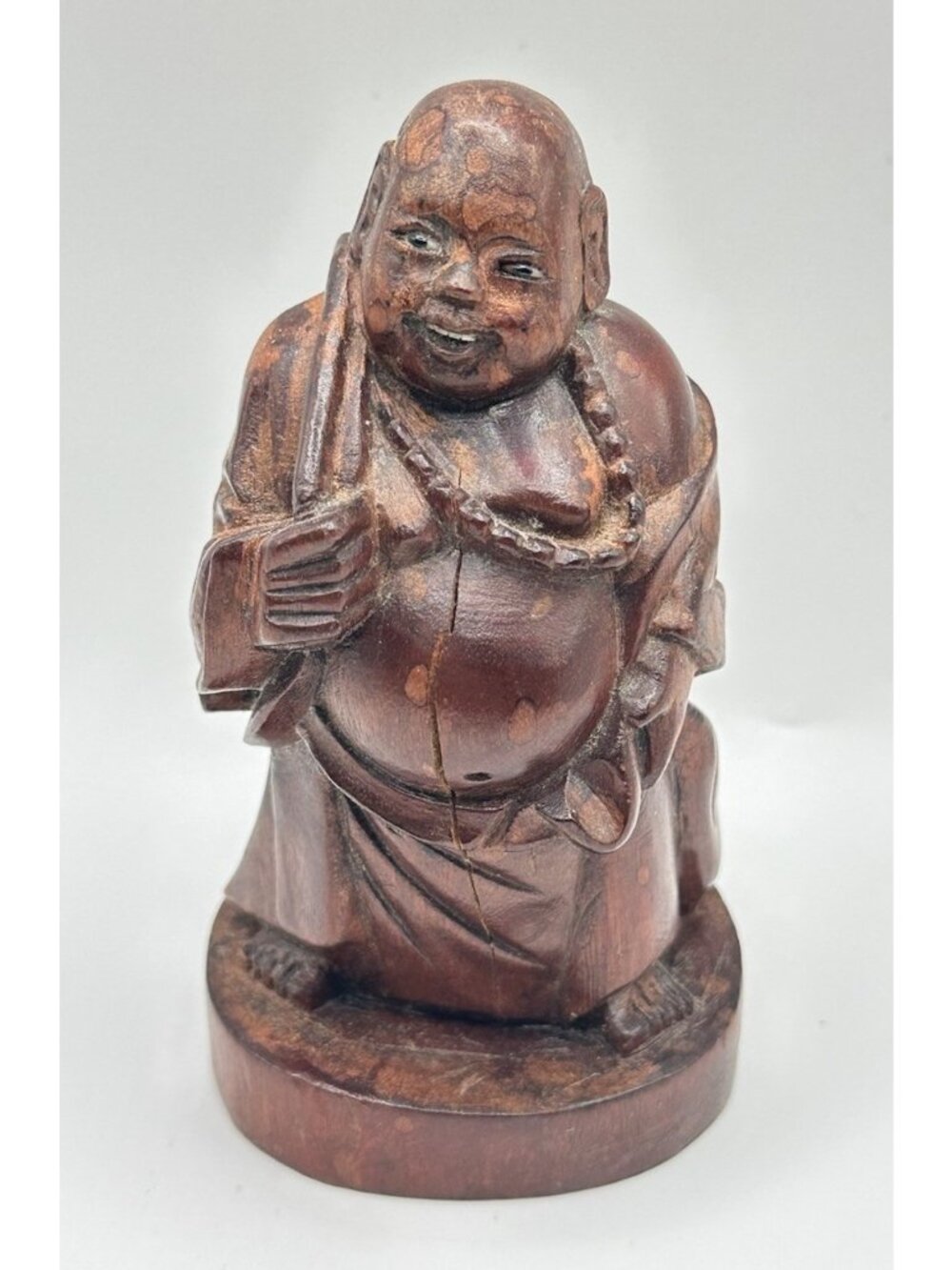 Vintage Laughing Buddha Asian Hand Carved Wooden Sculpture Figurine Marked